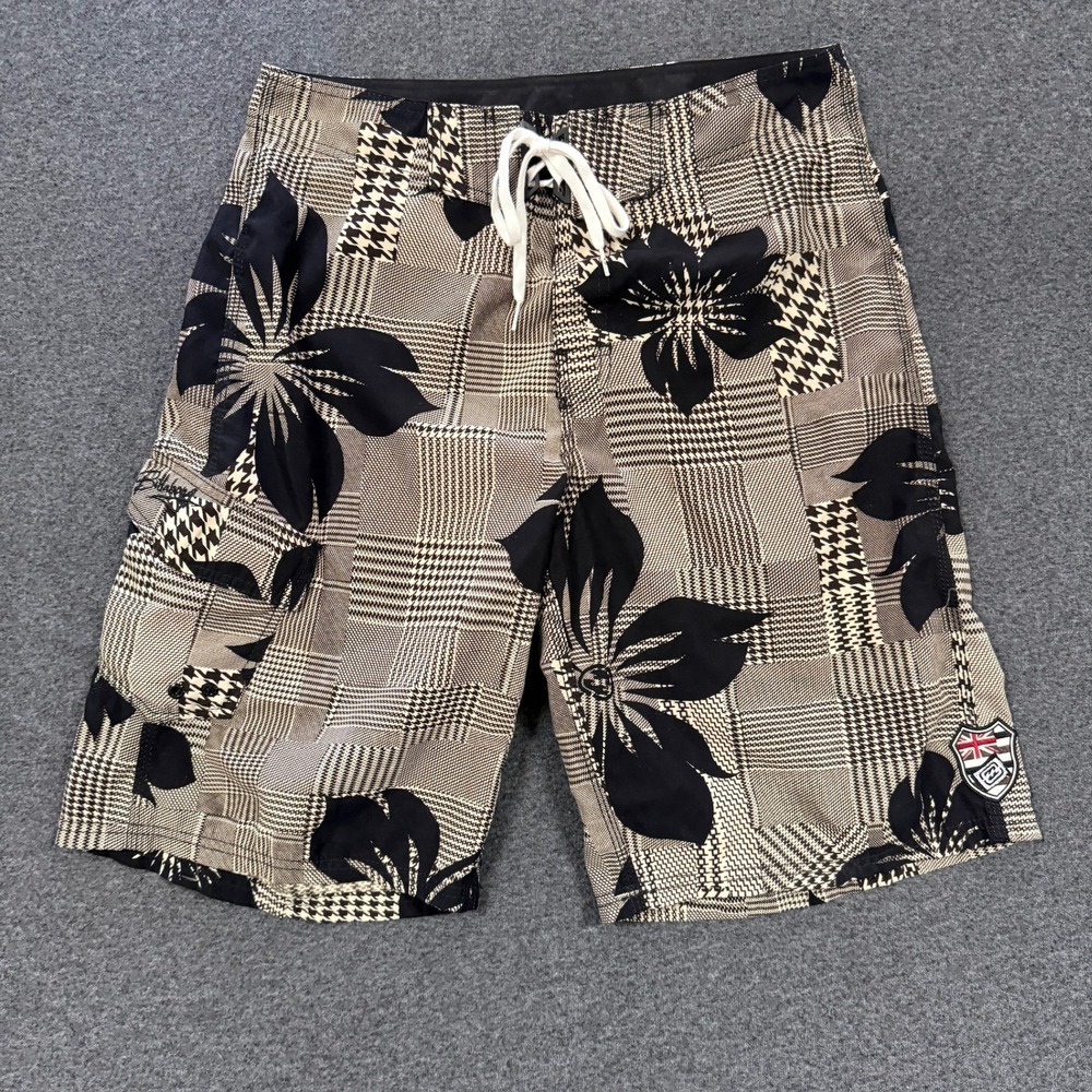 Vintage Billabong Board Shorts Mens 33 Brown Plaid Floral Houndstooth Surfer